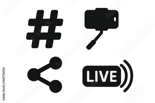 Social media solid icon set with hashtag, share symbol, selfie stick and live stream. Vector glyph icons for content creator, influencer marketing, vlogging, and communication.