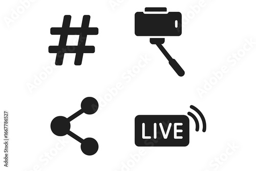Social media solid icon set. Glyph symbols for web and mobile app. Hashtag, selfie stick, share button, and live stream video broadcast sign. Vector illustration design element.
