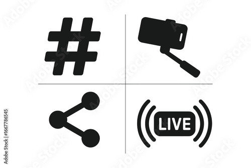 Social media solid glyph icon set. Hashtag, share, live streaming, and selfie stick symbols. Vector illustration for network, communication, influencer marketing and content.