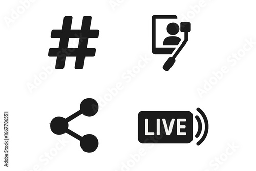 Social media solid glyph icon set. Hashtag, selfie stick, share symbol, and live stream button for influencer marketing. Vector silhouette illustration for app, web, UI, UX.