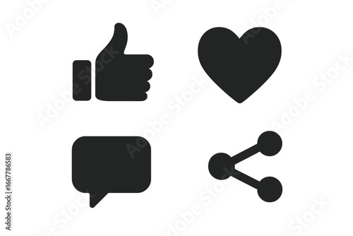 Social media icons set. Like, heart, comment, and share buttons. Vector symbols for web and app user interface design. Follower engagement and user interaction concept.