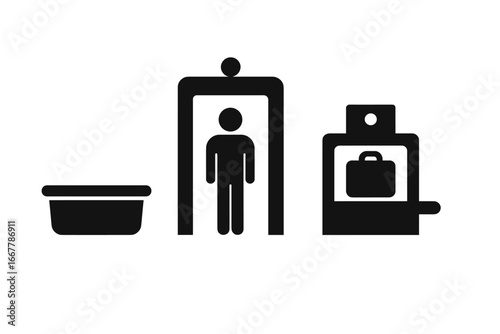Airport security checkpoint icon set. TSA passenger screening with metal detector, X-ray scanner and luggage bin. Travel safety and inspection vector pictogram illustration.