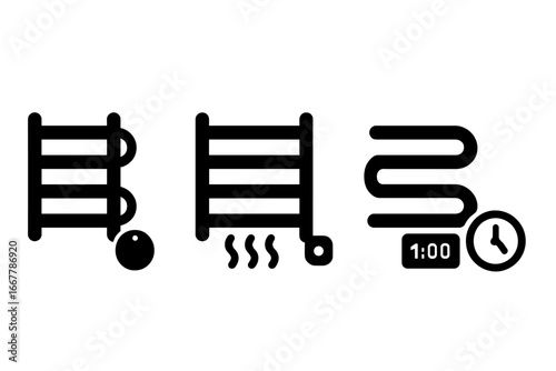 Heated towel rail vector icon set. Solid glyph pictograms of bathroom radiator features like thermostat, electric heating element, and timer. Towel warmer symbols.