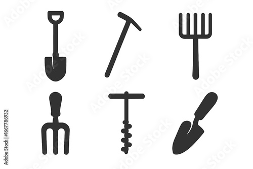 Garden tool icon set. Solid black silhouette icons of agricultural soil equipment. Spade, shovel, rake, pitchfork, hand tiller, auger and trowel. Vector farming symbols.