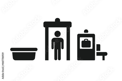 Airport security checkpoint icon set. Vector illustration of TSA screening process with passenger, x-ray machine, metal detector, luggage scanner and plastic bin for carry-on.