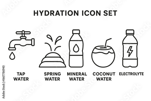 Hydration sources outline icon set. Vector line art symbols for tap water, spring, mineral water, coconut drink, and electrolyte beverage. Health and wellness concept icons.