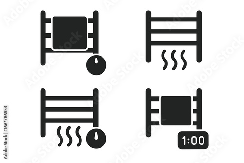 Heated towel bar solid glyph icon set. Bathroom radiator or warmer symbols. Features thermostat, temperature control, heat element, and timer. Vector illustration pictogram.