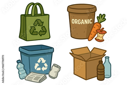 Eco-friendly waste sorting set. Recycling bins for paper, plastic, glass, metal, and organic compost. Sustainable lifestyle concept with reusable bag. Vector cartoon illustration.
