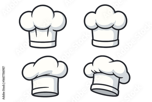 Set of chef hats, toque blanche icons. Vector cartoon illustration for culinary design. Professional cook, baker, kitchen staff symbol for restaurant logo, gourmet menu.