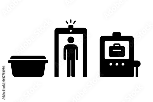 Airport security checkpoint vector icons. TSA screening essentials: plastic bin, walk-through metal detector, and baggage X-ray machine. Solid glyphs for travel and safety.
