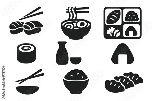 Japanese cuisine food icon set. Solid black glyph symbols of Japan. Vector collection of sushi, ramen, bento box, onigiri, sake, gyoza. Asian meal pictogram for menu.