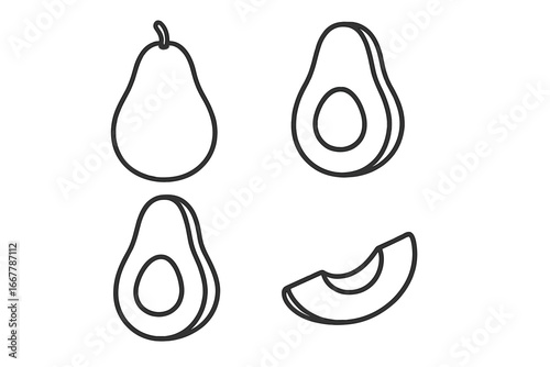 Avocado line art icon set. Whole fruit, half with seed, and slice. Simple outline vector illustration for healthy eating, diet, nutrition, and organic food concepts.
