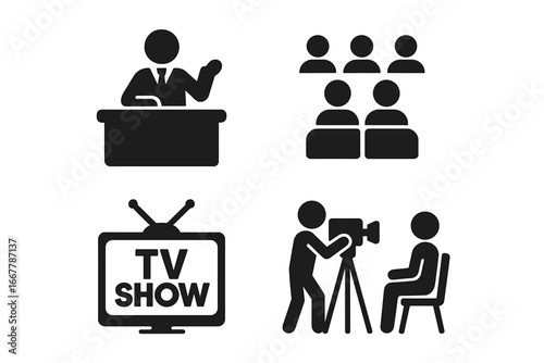 TV show icon set. Solid glyph icons for television, media, and entertainment. Talk show host, audience, interview, broadcast, presenter, cameraman, filming, studio vector.
