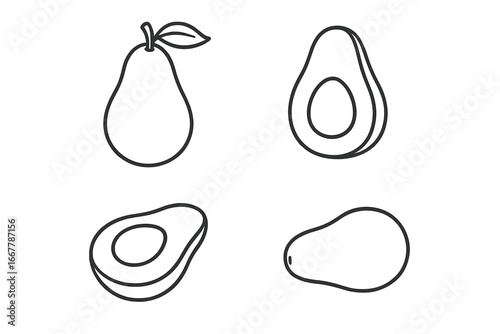Avocado line art vector icon set. Simple illustration of whole and sliced avocados with seed. Outline sketch for healthy eating, vegetarian food, and guacamole concepts. Minimalist.