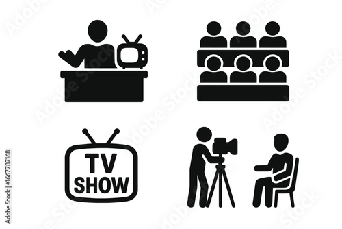 TV show solid icon set. Vector glyph collection of a talk show host, studio audience, cameraman, interview, and television logo. Broadcasting, media, and entertainment concept.