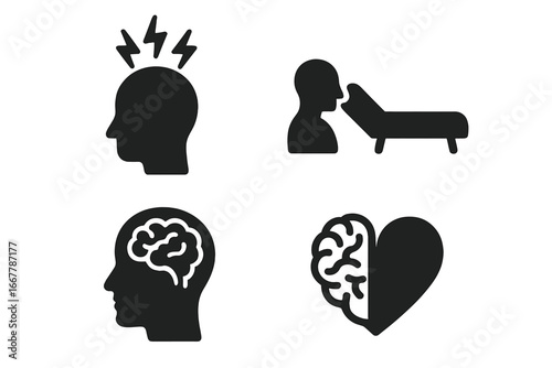 Mental health vector icon set. Psychology, therapy, stress concepts. Icons of head with brain, therapy couch, brain-heart balance for emotional intelligence and wellness design.