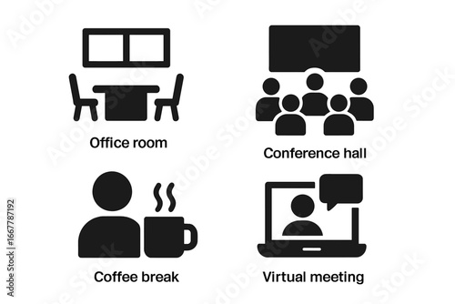 Meeting icons set. Solid glyph collection for office room, conference hall, presentation, webinar. Virtual communication, online call, coffee break, business teamwork symbols.