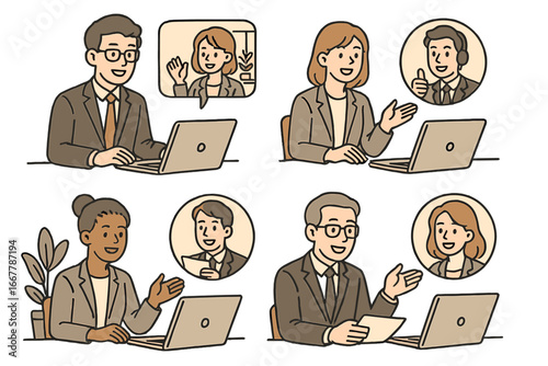 Set of diverse business people on video conference call. Remote work concept. Online meeting, virtual teamwork, telecommuting. Professionals working on laptop. Vector illustration.