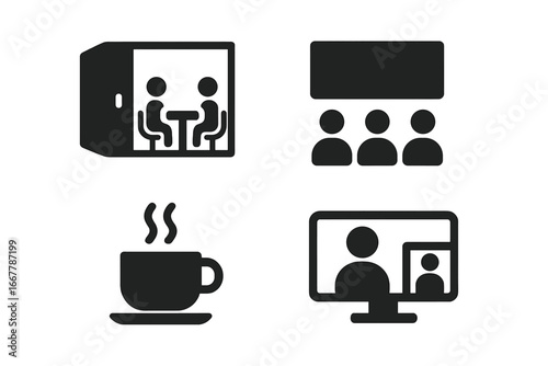 Meeting settings solid glyph icon set. Business communication, conference hall, office room, virtual meeting, presentation, seminar, webinar, coffee break, meeting pod vector.