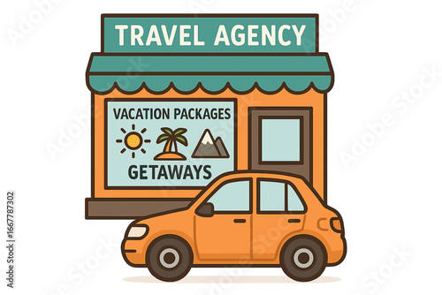 Travel agency vector illustration concept. Car parked at storefront. Vacation packages, getaways, and holiday booking sign. Tourism business, trip planning, and adventure icon.
