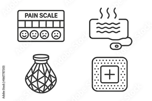 Pain management outline icons set. Vector symbols for chronic pain relief. Includes pain scale chart, heating pad, ice pack, and a medical patch. Healthcare and therapy concept.