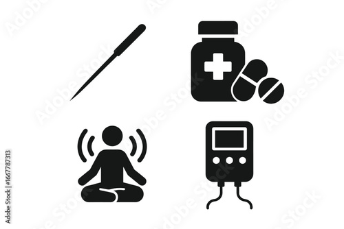 Pain management icon set. Vector glyph symbols for medical treatment and therapy. Includes acupuncture, painkillers, meditation, and TENS electrotherapy for pain relief concepts.