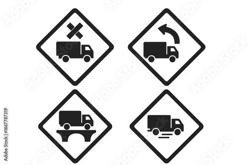 Truck road sign icon set. Solid vector icons for transportation and logistics. Traffic regulation symbols: no trucks, u-turn, bridge crossing, and designated truck route.