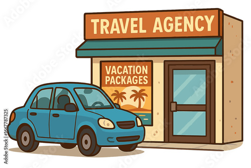 Car parked at travel agency storefront. Concept of planning vacation, booking holiday trip, and tourism. Road trip journey to summer destination. Vector cartoon illustration.