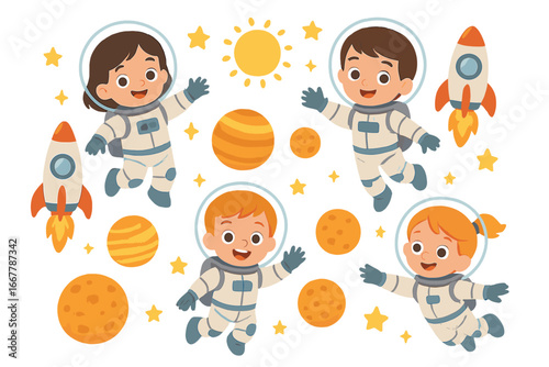 Cute kids astronauts exploring space. Set of children in spacesuits with rockets, planets, sun and stars. Cartoon vector illustration for children's design. Isolated characters.