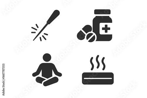 Pain management solid icon set. Vector glyph pictograms for chronic pain relief. Includes acupuncture, medication, meditation, and heat therapy for wellness and treatment.