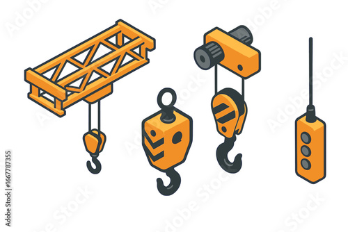 Isometric icon set of overhead crane system. Bridge girder, hoist trolley, hook block, and pendant control. Industrial lifting equipment for factory or warehouse vector illustration.