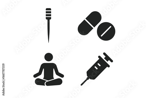 Pain management solid icon set. Medical treatment and alternative therapy concepts. Vector glyphs of acupuncture, painkillers, meditation, and injection for healthcare design.