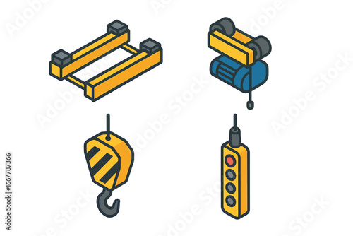 Overhead crane isometric icon set. Industrial lifting equipment for factory or warehouse. Vector collection of bridge girder, hoist trolley, hook block, and control pendant.