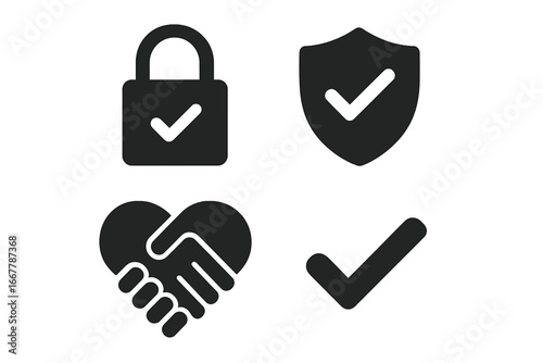 Trust and security icon set. Vector glyph symbols for reliability, safety, and protection. Padlock, shield, checkmark, and handshake heart for quality guarantee and deals.