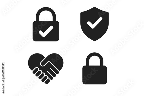 Trust vector icon set. Padlock, shield with checkmark, handshake in heart symbols. Concept of security, protection, privacy, reliability, safety, and business agreement.