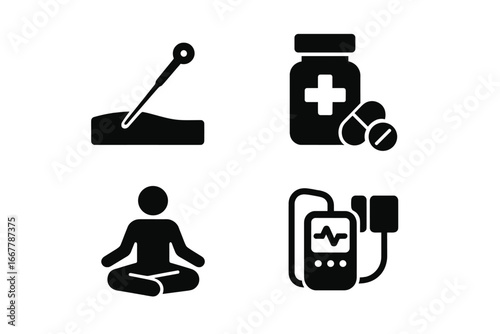 Pain management solid icon set. Chronic pain relief treatment and therapy concept. Acupuncture, medication, meditation and TENS unit vector glyph symbols for healthcare.