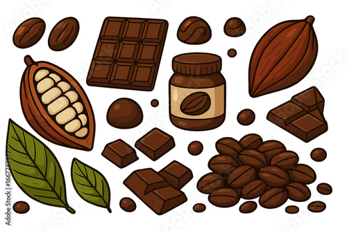 Chocolate and cacao ingredients set. Vector cartoon illustration of cocoa beans, pods, leaves, chocolate bar, candy, and spread. Sweet dessert food collection for design elements.