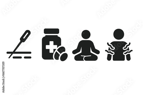 Pain management solid icon set. Vector symbols of acupuncture, painkillers, meditation, chronic pain. Medical therapy, healthcare and alternative medicine glyph icons collection.