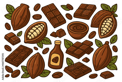 Chocolate products and cacao ingredients set. Vector cartoon illustration pattern. Cacao pod, beans, dark chocolate bar, candy, melted dessert sauce and coffee beans elements.