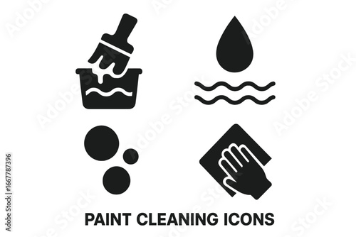 Paint cleaning and maintenance solid glyph icon set. Includes paint brush wash, water rinse, soap bubbles, and cloth wipe symbols. Vector illustration for housework concepts.