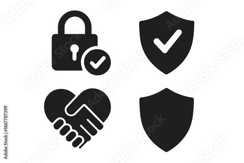 Trust vector icon set. Security, protection, and reliability symbols. Shield with checkmark, secure lock, handshake heart. Glyph for integrity, guarantee, safety, and quality.