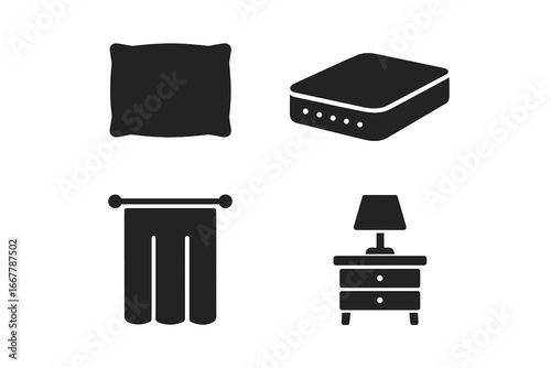 Sleep environment solid icon set. Bedroom furniture and sleep aid symbols. Pillow, blackout curtain, nightstand, air purifier icons for good sleep hygiene and insomnia concept.