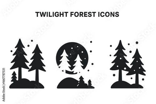 Twilight forest icon set. Solid filled glyphs of night scenes. Pine tree silhouettes with moon, stars, or firefly glow. Minimalist nature landscape vector illustration.