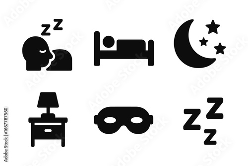 Sleep icons solid glyph set. Bedtime pictogram collection. Person sleeping, bed, nightstand, sleep mask, moon, stars, zzz symbol. Rest, dream, relaxation vector signs.