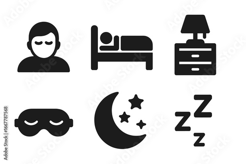 Sleep icons set. Solid glyph vector pictograms of sleeping person, bed, nightstand, sleep mask, moon, stars, Zzz. For concepts like rest, dream, insomnia, bedtime, night.