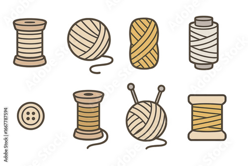 Set of sewing and knitting icons. Thread spool, yarn ball with needles, skein, and button collection. Handmade craft, hobby, and tailor tools. Vector cartoon illustration.