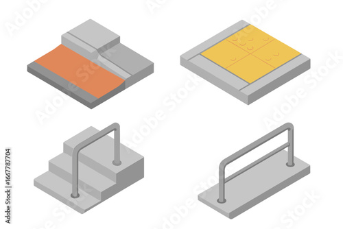 Isometric accessibility icon set. Curb cut ramp, tactile paving for blind people, stairs, handrail. Vector for disabled persons, urban inclusive environment, ADA compliance.