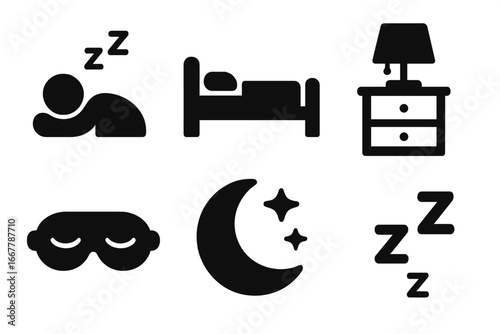 Sleep icon set. Solid glyph collection for rest, night, and insomnia concepts. Includes sleeping person, bed, nightstand, sleep mask, moon, and zzz symbol. Vector pictogram.