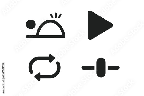 Solid fill glyph icon set for interactive UI design. Animation control elements including play button, bounce effect, loop symbol, and speed slider. Vector graphic elements.
