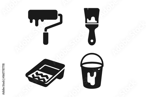 Painter tools solid icons collection. Paint roller, paintbrush, paint tray, paint bucket symbols. House renovation, wall painting, home decoration, repair supply vector set.